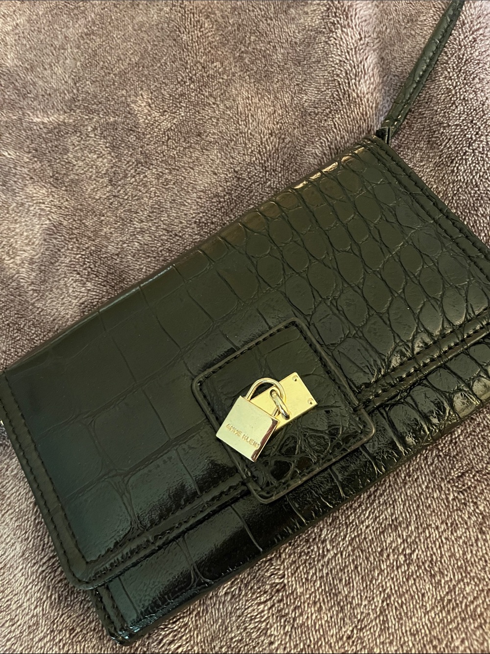 Anne Klein Black Faux Croc-Embossed Crossbody with Gold Lock